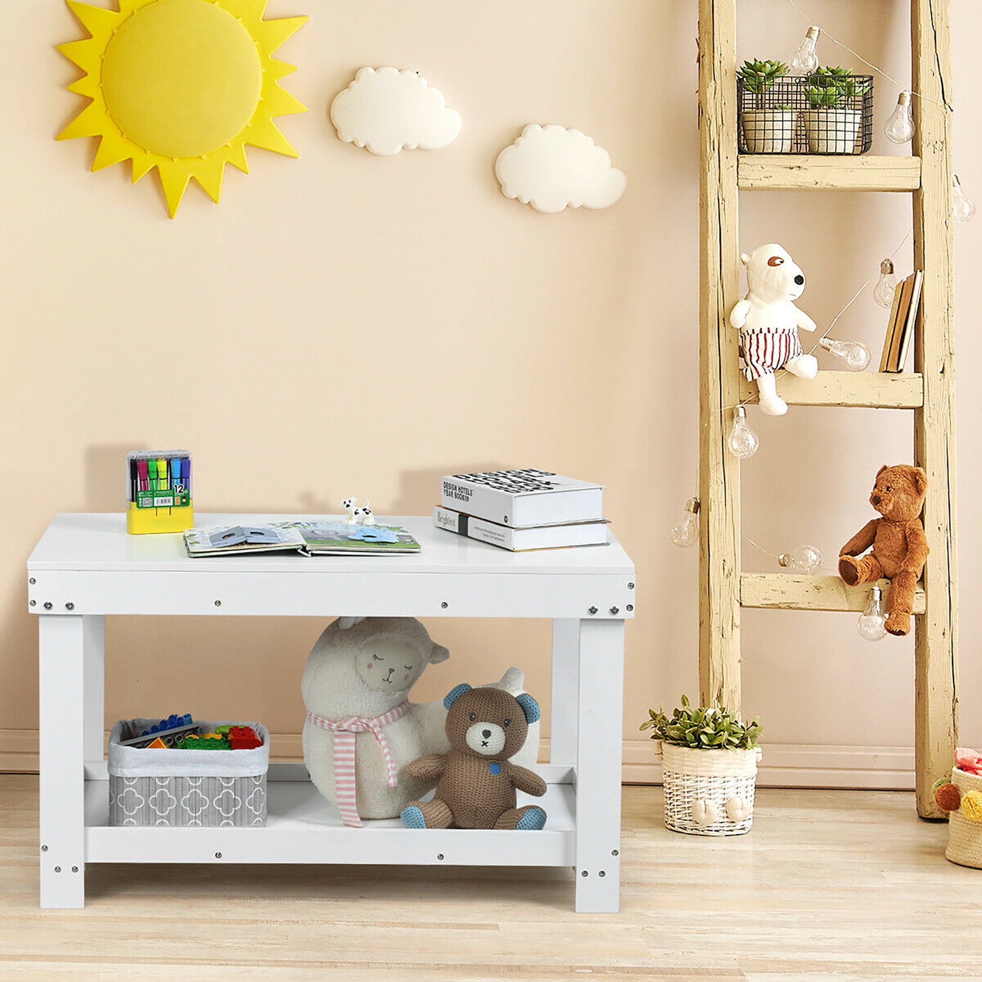 Gymax Solid Wood Block Table Kids Activity Play Table Multifunction W/Storage White
