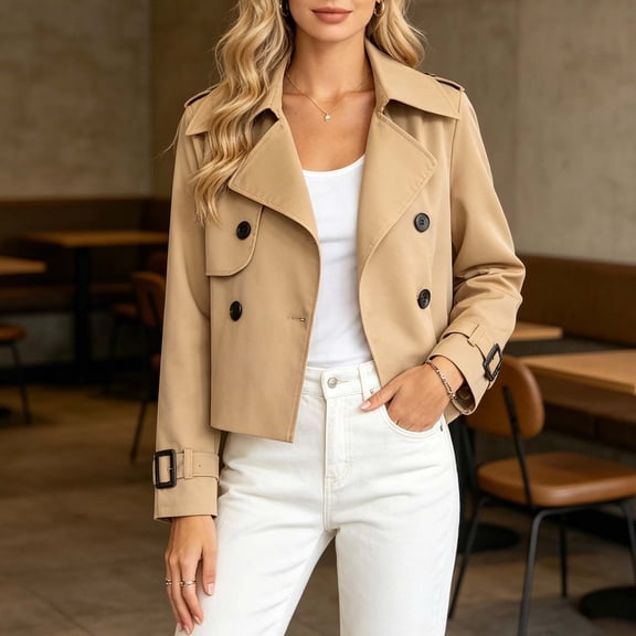 JOANKDMI Women's Cropped Trench Coat Double Breasted Lapel Collar Short Peacoat Outerwear with Belted Cuffs Casual Vintage Fall Spring Lightweight Layering Fashion Jacket