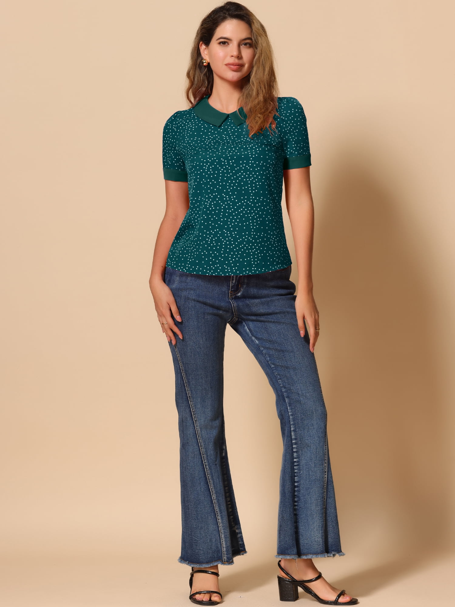 DARING DIVA Women's Contrast Peter Pan Collar Polka Dots Tops S Blue Green White
