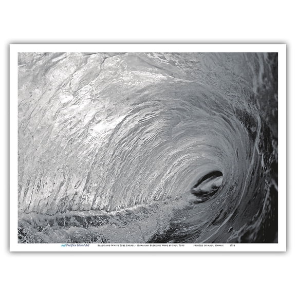 Black and White Tube Barrel - Hawaiian Breaking Wave - Hawaii - From an Original Color Photograph by Paul Topp - Master Art Print (Unframed) 9in x 12in