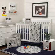 Disney Mickey Mouse 6-Piece Nursery Crib Bedding Set, Comforter, Two 100% Cotton Fitted Crib Sheets, Dust Ruffle, Baby Blanket, Changing Pad Cover, Grey, Navy