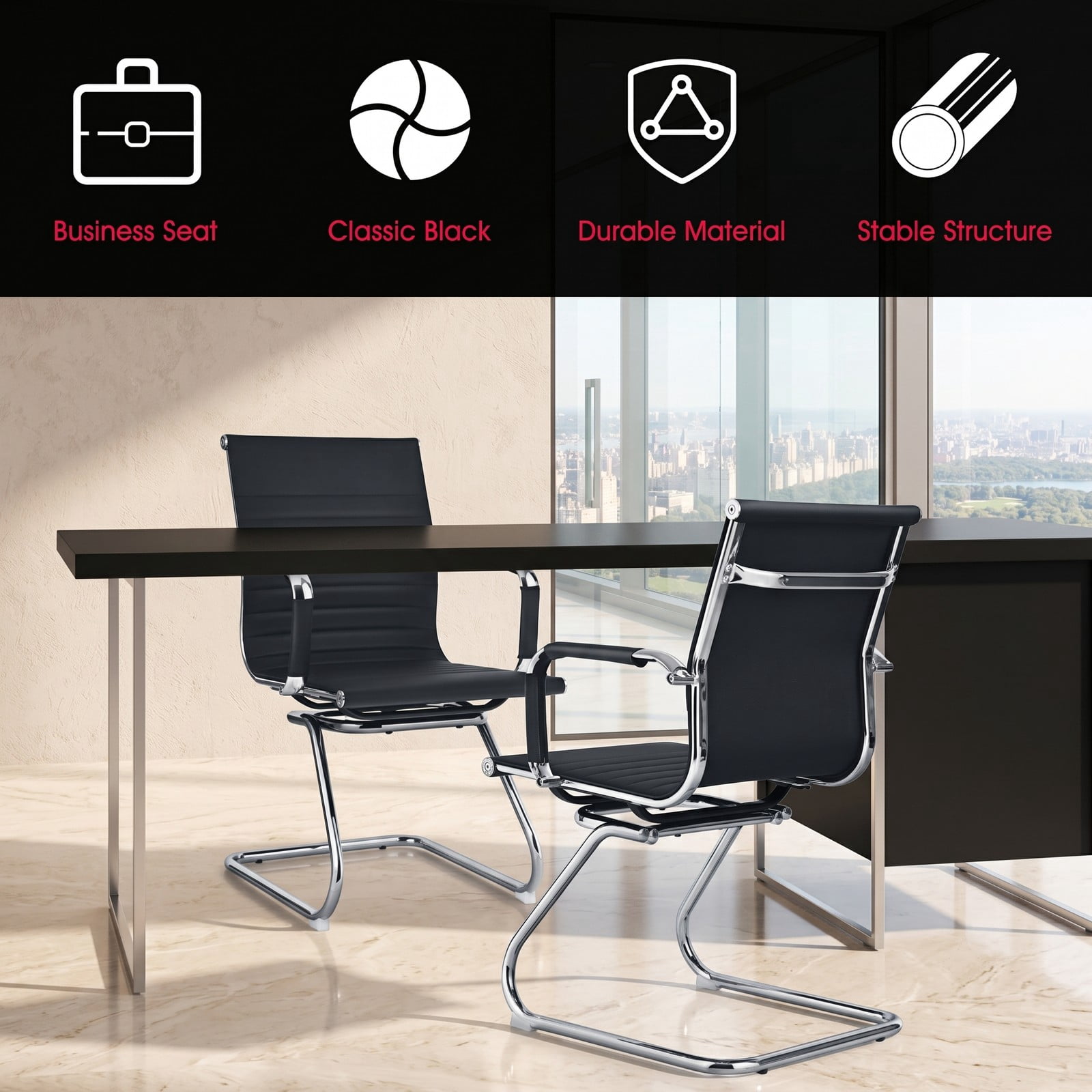 Furnibear Set of 2 Heavy Duty Conference Chair with PU Leather, Ergonomic Guest Reception Chair with Sled Base and Armrests for Office Home Waiting Room, Black