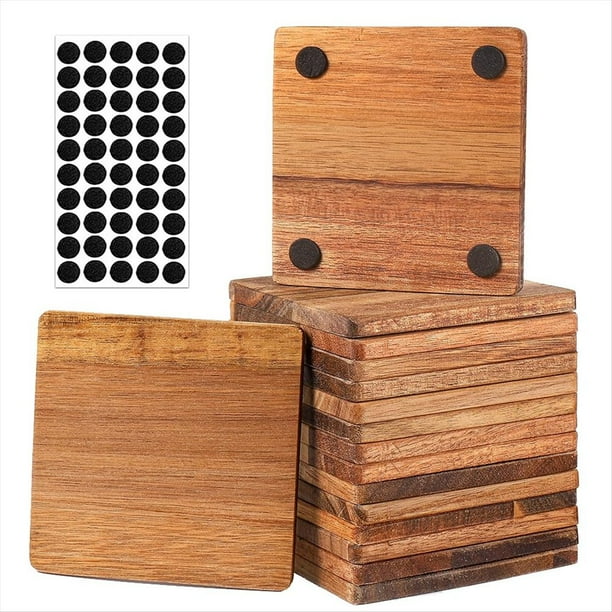 16 Posavasos de Madera Sin Terminar, Cuadrados de 10 cm de para Manualidades, con Puntos de Silicona Antideslizantes.
