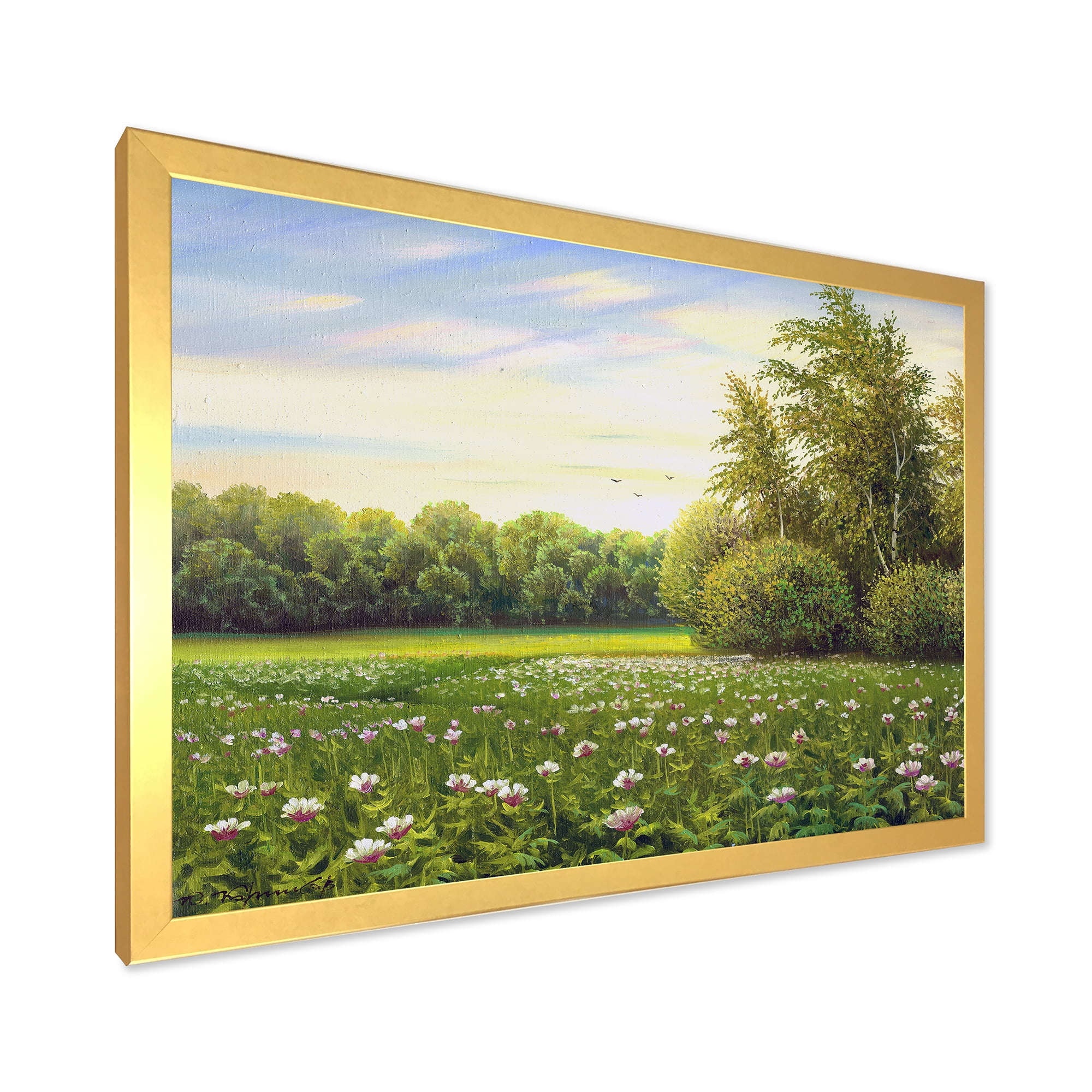 Spring Trees By The Flowers and Meadows 40 in x 30 in Framed Painting Canvas Art Print, by Designart