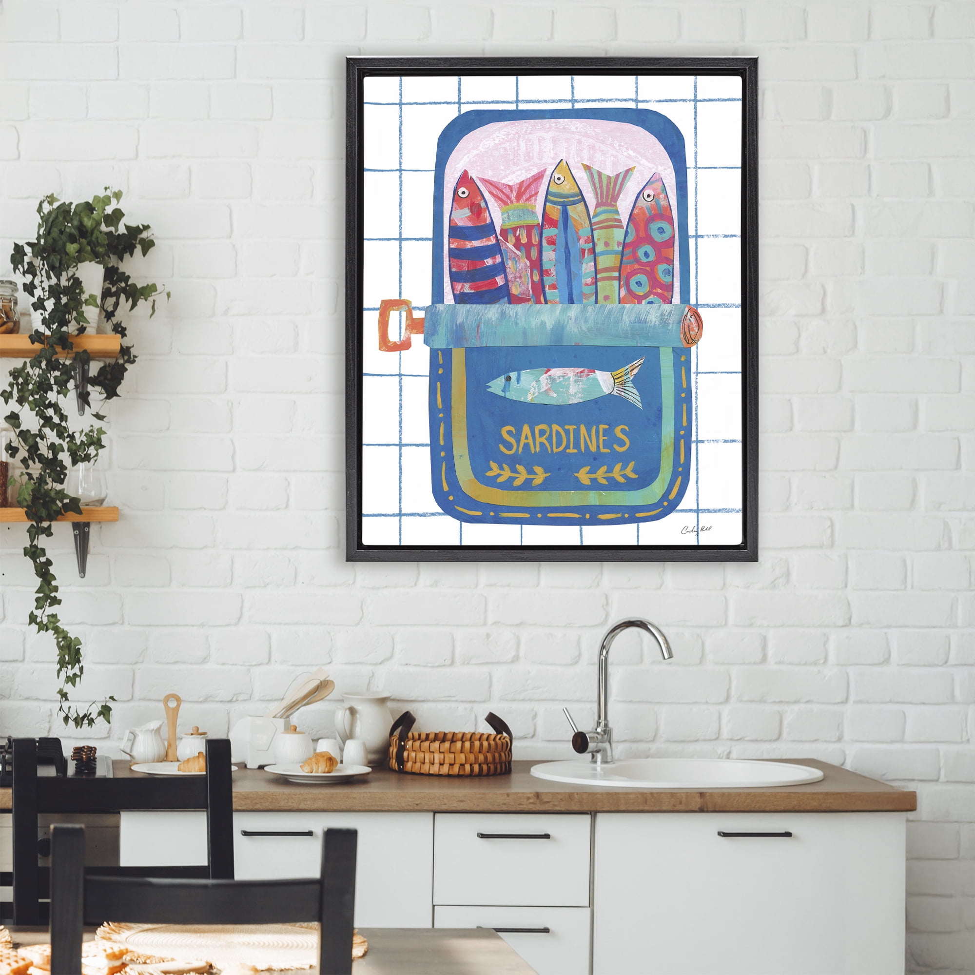 Stupell Industries Silly Sardines Blue Tin Black Framed Floater Canvas Wall Art, design by Courtney Prahl