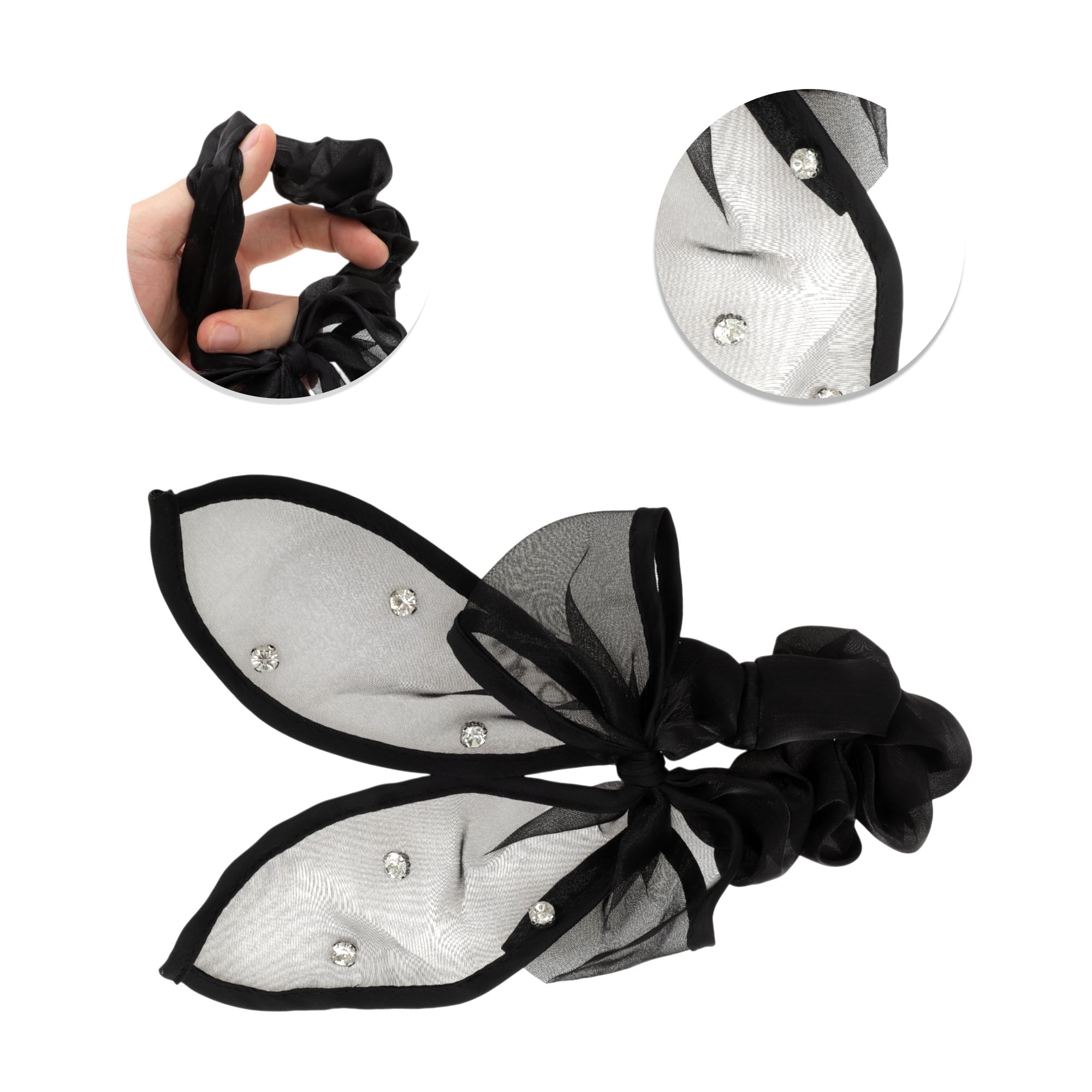 Unique Bargains 1Pc Rhinestones Bow Scrunchie Hair Elastic Band for Women Black