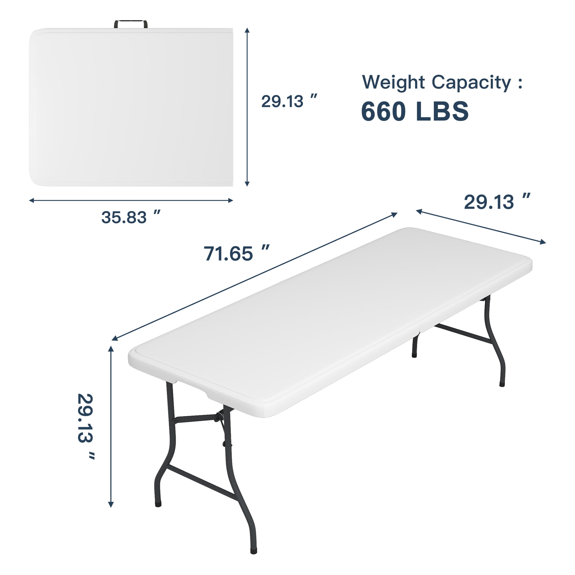 Demi Bonn 71.6"x29" Plastic Folding Table, Multipurposedoor Outdoor Duty Portable Rectangle Table with Handle, Lock for Picnic, Party, Camping, White