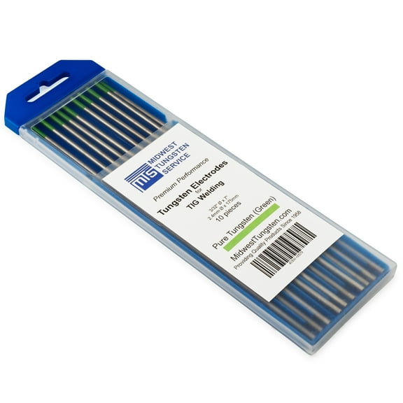 TIG Welding Tungsten Electrodes Pure Tungsten 3/32" x 7" (Green, WP) 10-Pack