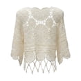 thumbnail image 5 of Women's Plain Fringe Trim Cut Out Sheer Cover Up Boho Scallop Trim 3/4 Sleeve Round Neck Crochet Cover Up Tops Beach Vacation, 5 of 11
