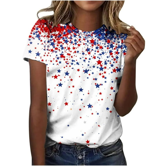 Htigea Fourth of July T-Shirts for Women Stars and Flag Print Short Sleeve Shirts Independence Day Patriotic Shirt Plus Size Summer Tees White,S