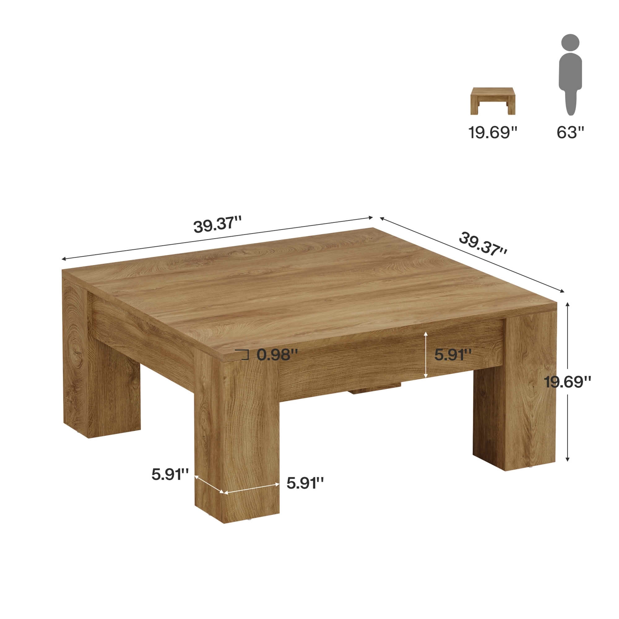 MAYEETY 39 Inch Farmhouse Square Wooden Coffee Table Living Room Center Table