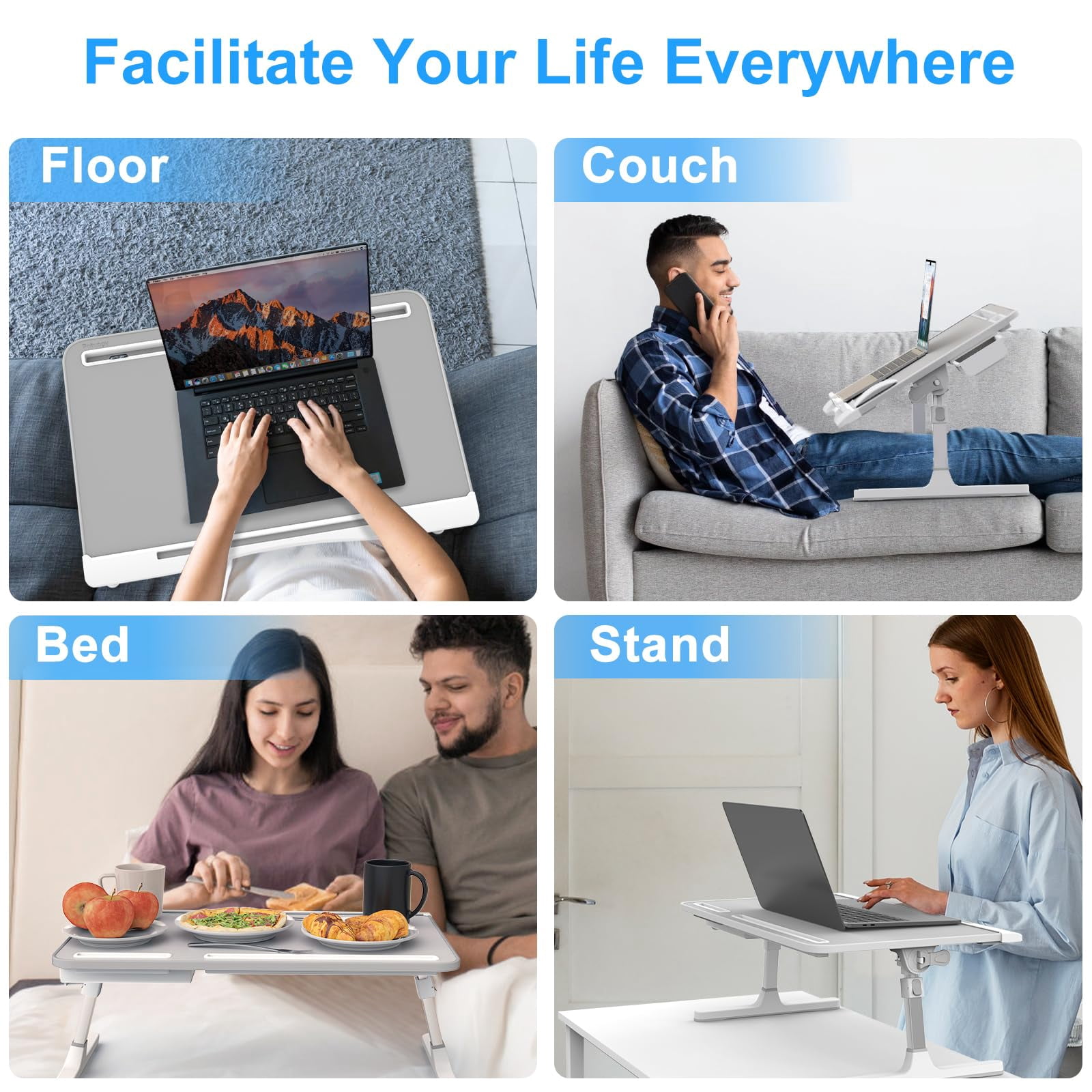 Laptop Desk For Bed  Adjustable Table With Leather Desktop Foldable X-large Trays Drawer Couch Floor Writing Working Reading Eating Painting (gray 23.6"*15.7")
