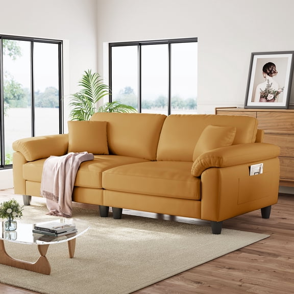 83" Couch Premium PU Leather Sofa, Comfy Extra Deep Seat 3 Seater Couch for Living Room, Oversized Loveseat with 2 Pillows, Brown