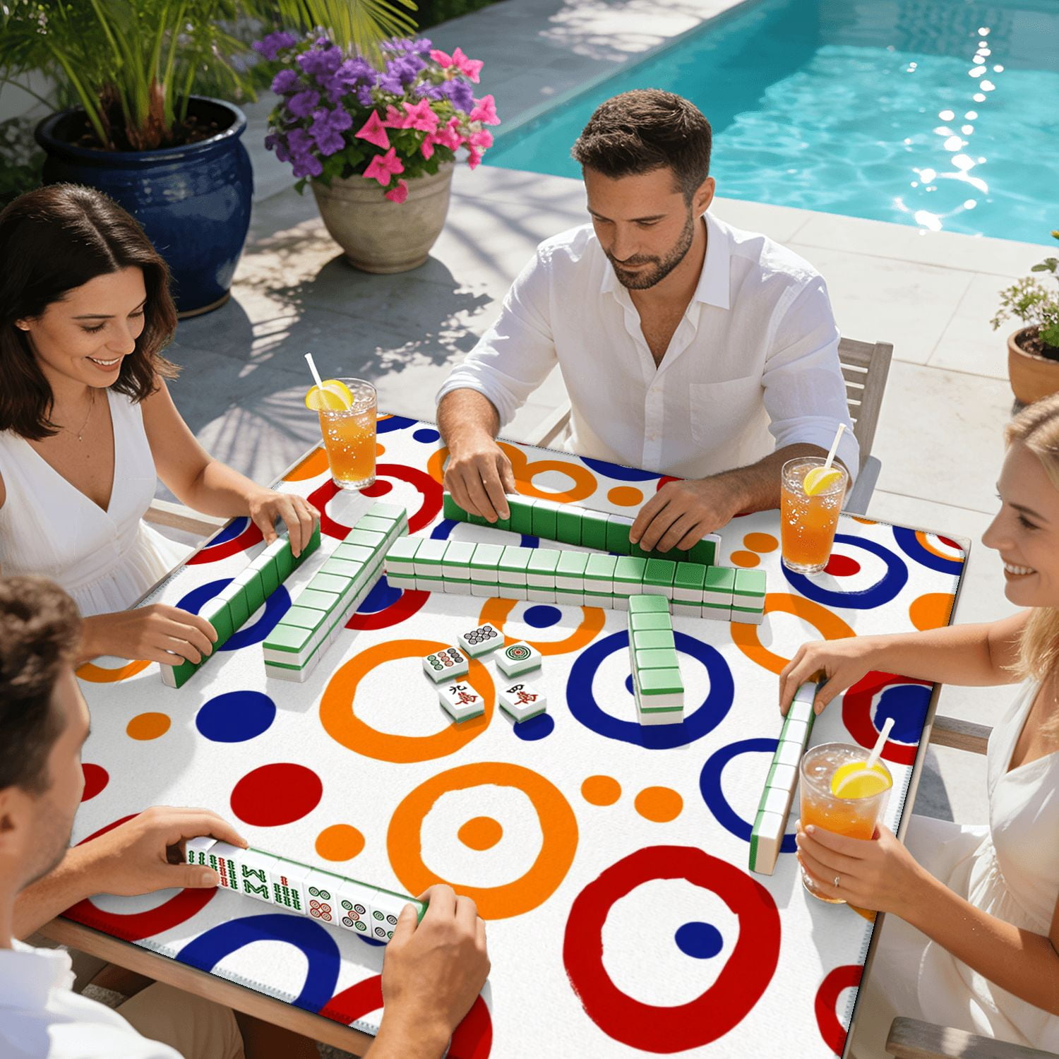 Mahjong Mat 31.5" x 31.5" Colorful Abstract Red Blue Orange Circles White Non-Slip Noise Reduction American Mahjong Tiles Table Cover for Dominoes Poker Card Board Games Gift