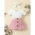 thumbnail image 3 of vera natura Baby Girls 3 Piece Outfit Ruffles Short Sleeve Rompers and Plaid Print Button Skirt Headband Summer Clothes Set, 3 of 9