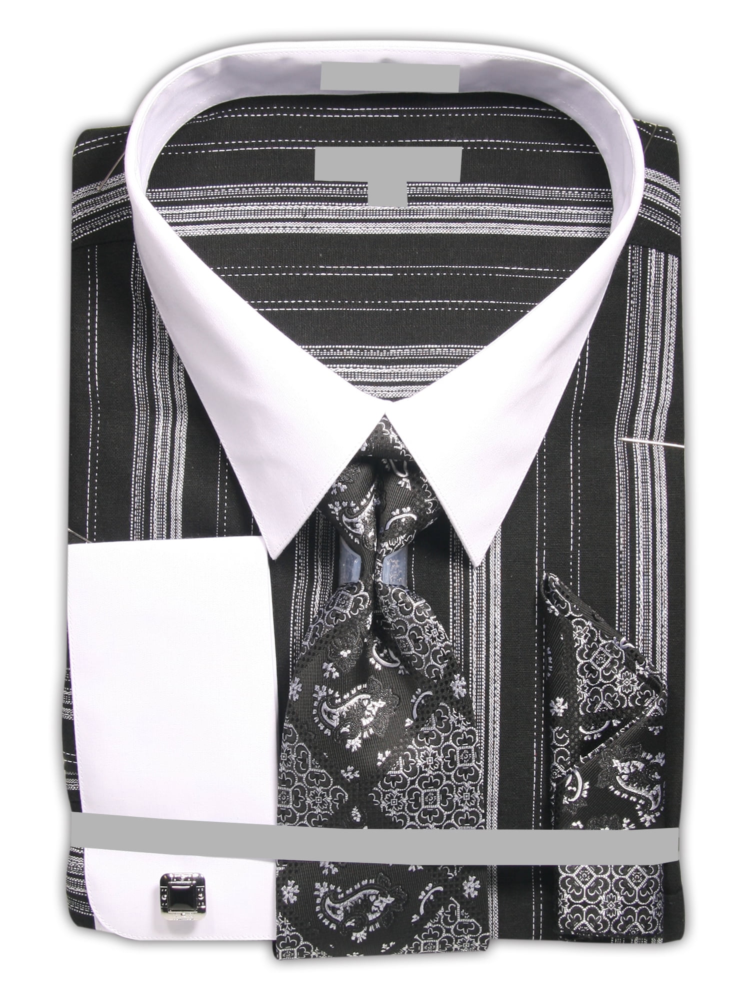 Men's Big and Tall Stripe Dress Shirt French Cuffs Neck Tie Hanky