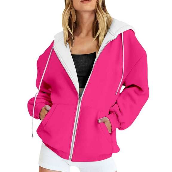 Unir Womens Zip Up Hoodies Long Sleeve Sweatshirts Fall Outfits Oversized Sweaters Casual Fashion Jackets,XS,Hot Pink