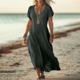 thumbnail image 2 of UVEASISHA Linen Casual Dresses for Women Flowy V Neck Short Sleeve Solid Maxi Dress 2025 Lightweight Comfy Beach Sundress Dark Gray S, 2 of 8