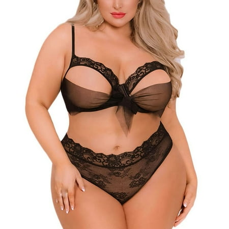 

Lingerie Hollow Bowknot Wireless Briefs Underwear Push Up Matching Bra and Panty Sets for Women Plus Size Black XXXXXL