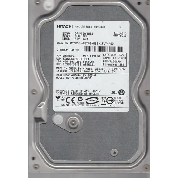 HDT721025SLA380, PN 0A38724, MLC BA3116, Hitachi 250GB SATA 3.5 Hard Drive