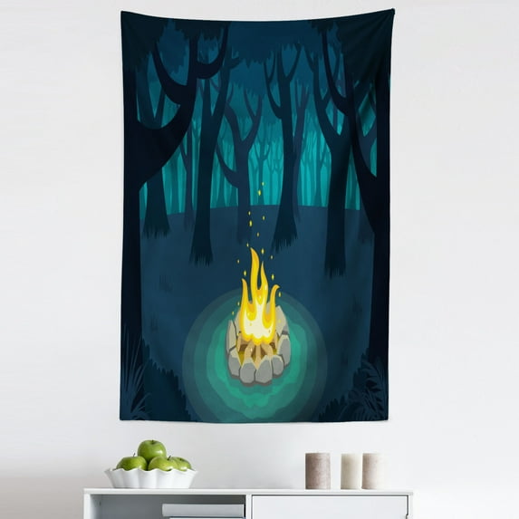 Happy Camper Tapestry, Cartoon Illustration of Lonely Camp in Woods at Night, Fabric Wall Hanging Decor for Bedroom Living Room Dorm, 5 Sizes, Dark Violet Blue Teal, by Ambesonne