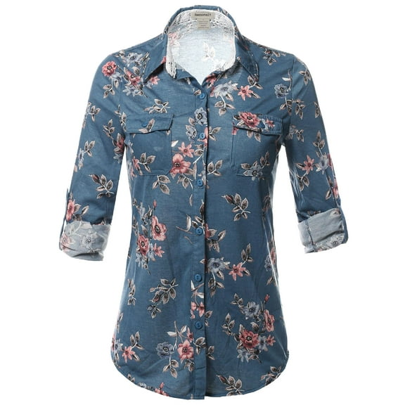 FashionOutfit Women's Casual Floral Print Roll Up Sleeves Button Down Shirt Top