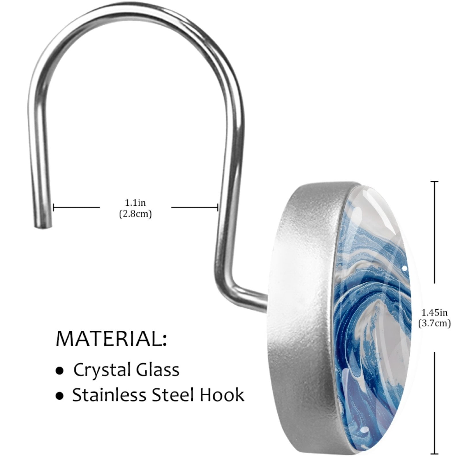 Blue Swirling Marble 12 Pack Shower Curtain Hooks, Decorative Shower Rings for Shower Curtain Rods, Stainless Steel, Rust Resistant, Round Curtain Hooks for Bathroom