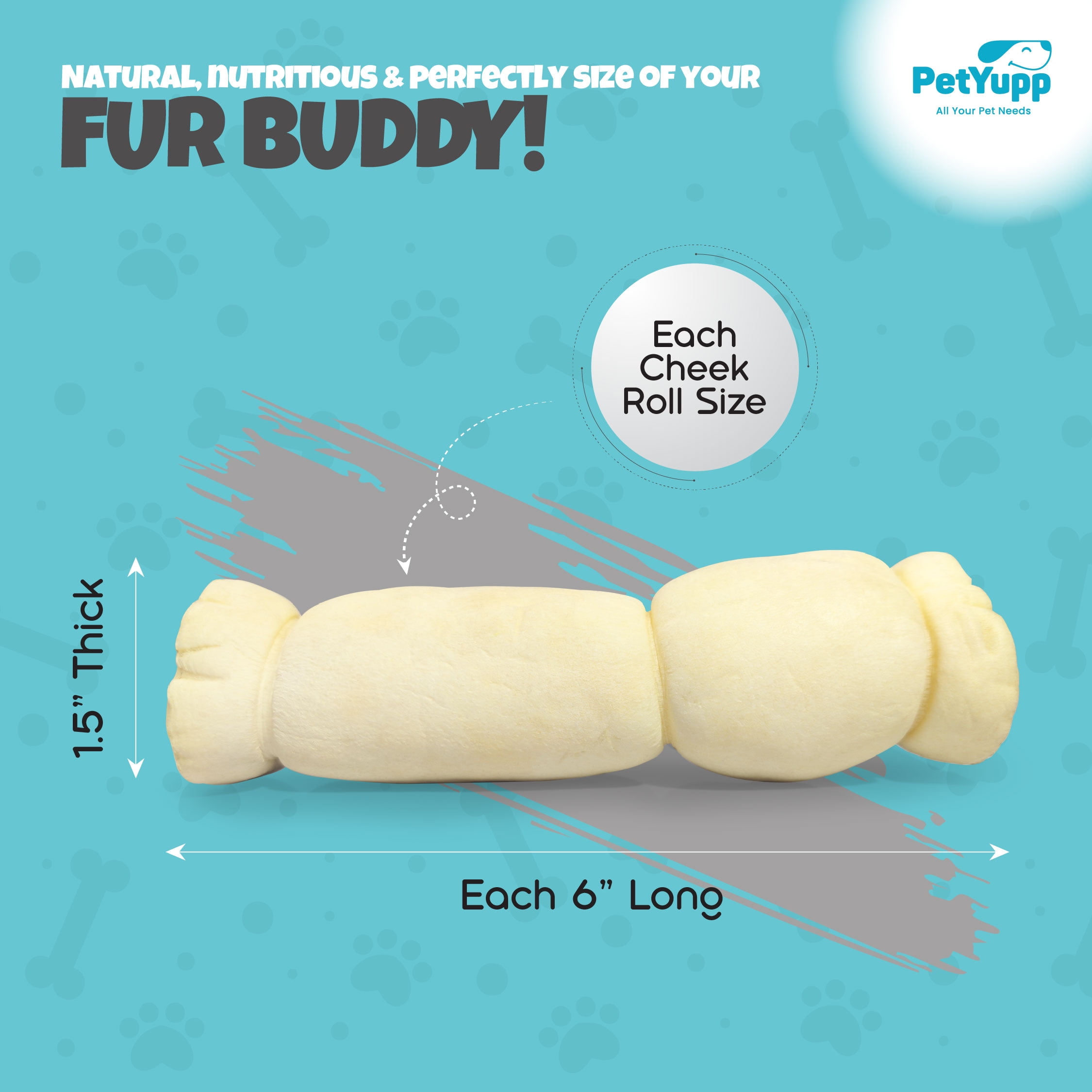 PetYupp Water Buffalo Cheek Roll Retriever Style for Dogs - Pack of 25 Pieces, 6 Inch Each