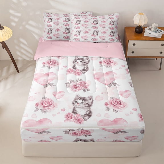 Homewish Pink Rose Flower Zipper Twin Comforter Sets with Fitted Sheet and 2 Pillowcases, Kawaii Cat Lover Zipper Bedding Set, Pink Reversible, 4pcs