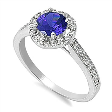 Blue Simulated Sapphire Halo Wedding Ring ( Sizes 5 6 7 8 9 10 ) New .925 Sterling Silver Band Rings by Sac Silver (Size 8)