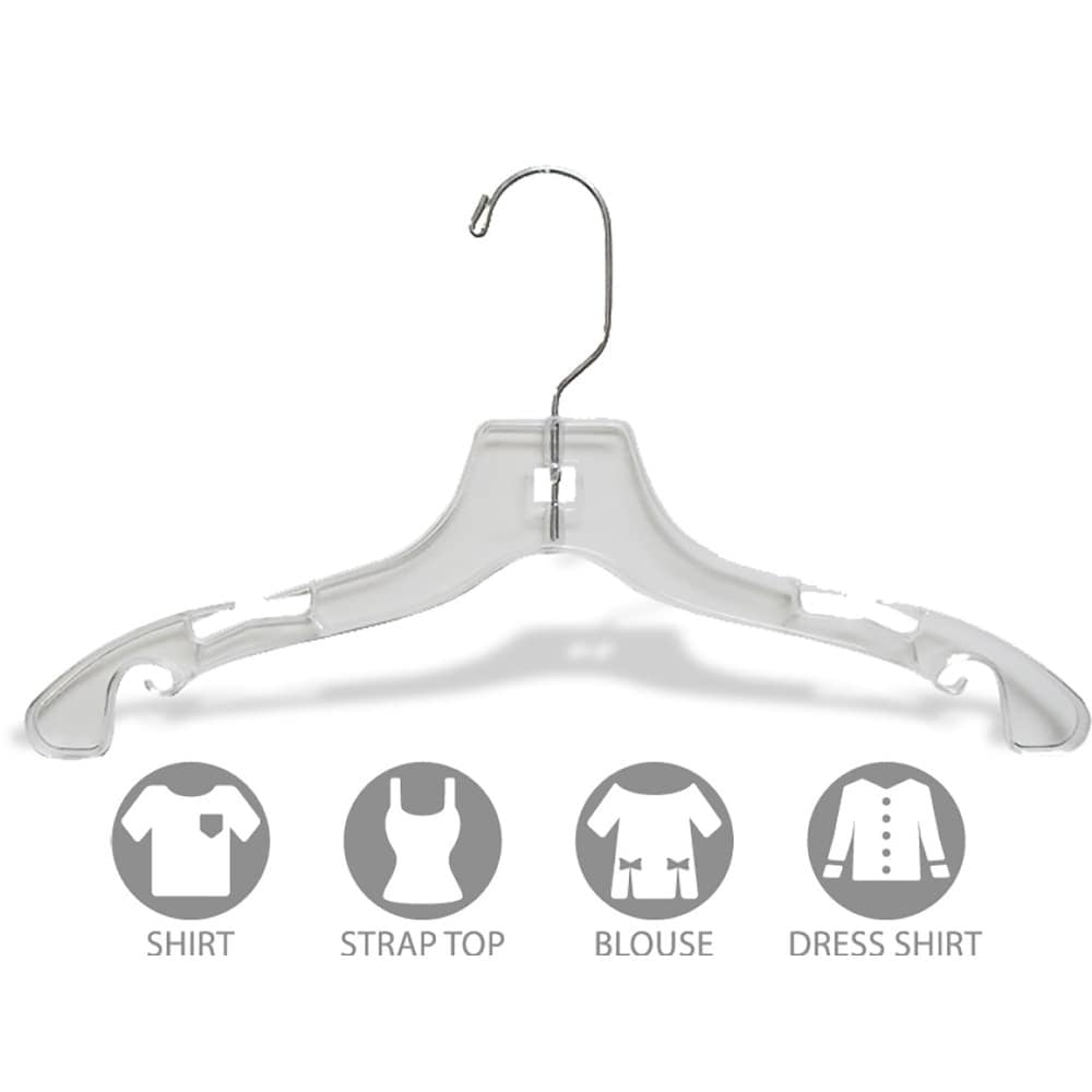 Clear Plastic Junior Top Hanger, Small 14 inch Space Saving Teen hangers with Notches and 360 Degree Chrome Swivel Hook (Set of 50) by International Hanger