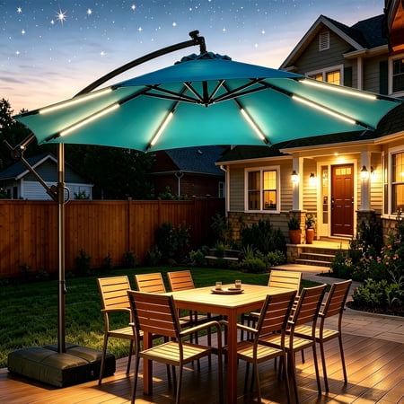 Patbrela 10ft Offset Patio Umbrella with Base, Cantilever Hanging Outdoor Umbrella with Solar Light Strips, Tilt Adjustment, Market Umbrella for Yard, Garden, Beach, Pool & Deck, Blue