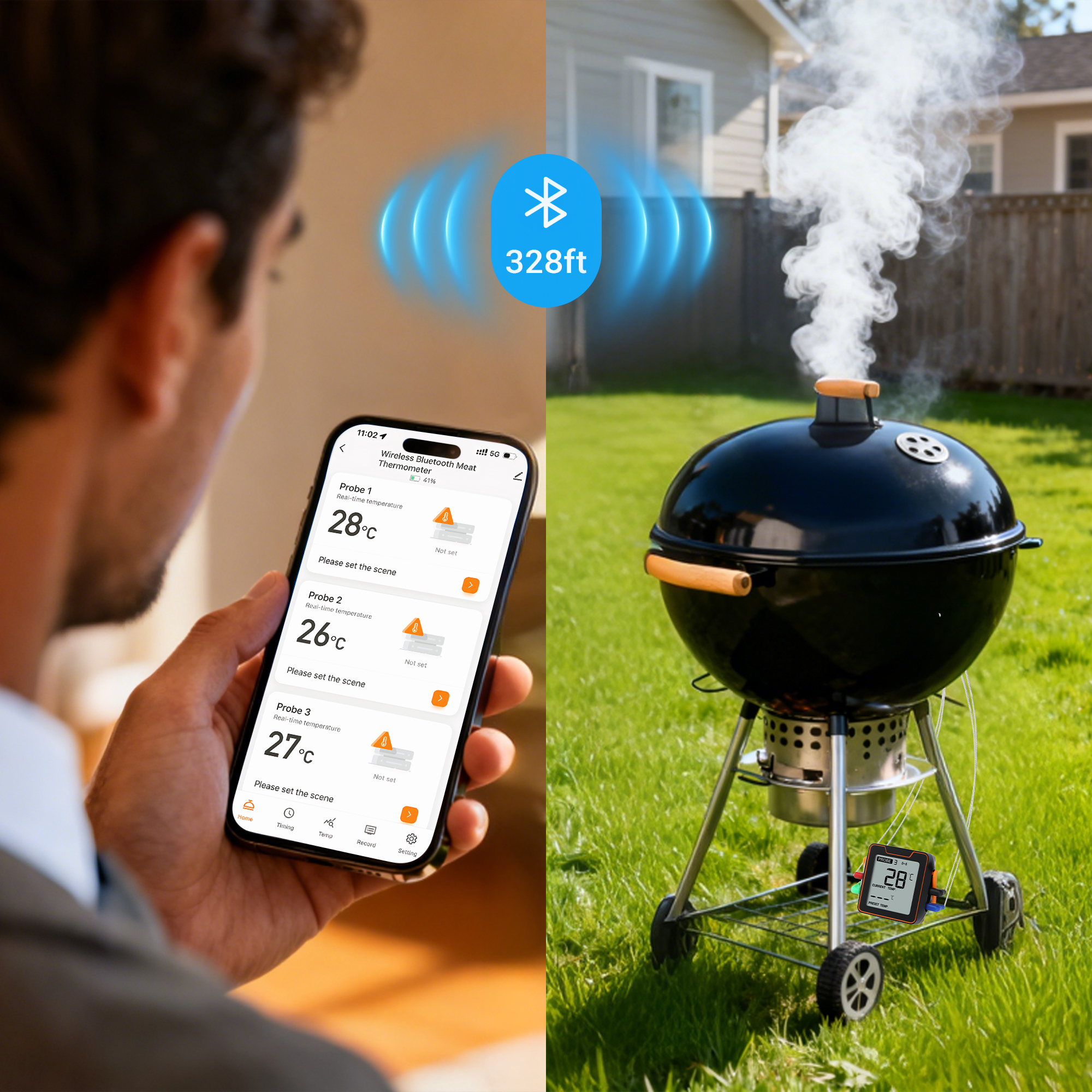 Bluetooth Wireless Meat Thermometer, Instant Read Food Thermometer, Cooking Thermometer for Home and Kitchen 4-pin