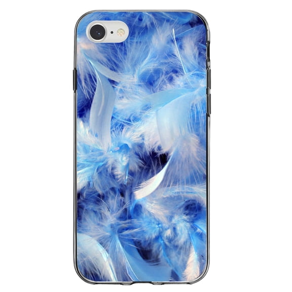 DistinctInk Clear Shockproof Hybrid Case for iPhone 7 8 SE (2020 Model) 4.7" Screen TPU Bumper Acrylic Back Tempered Glass Screen Protector - Blue Feathers