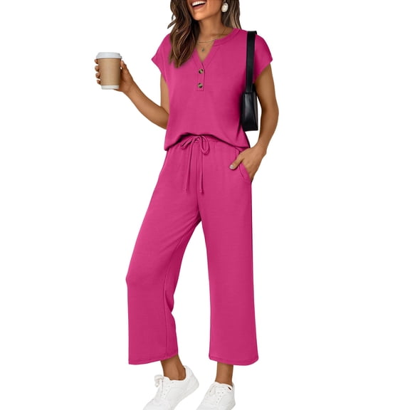 2 Piece Lounge Sets Women Henley Cap Sleeve Spring Vacation Travel Airport Outfits Casual Fashion 2026