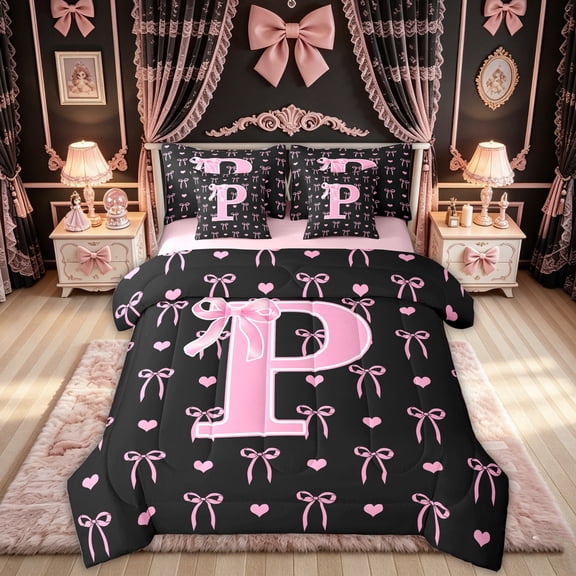 Feelyou Princess Bow Letter P Twin Bedding for Girls, Kawaii Love Heart Bedding Comforter Set, Black Pink, Pink Reversible, 7-Piece