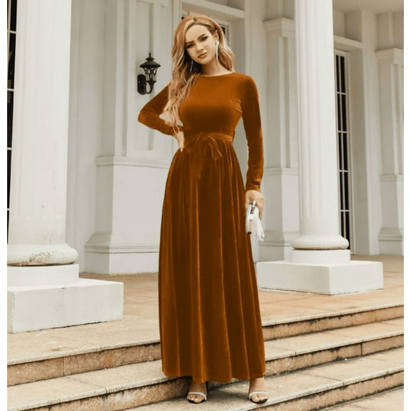 Women's Fall Dresses Long Sleeve Velvet Formal Maxi Dress with Belt Casual Cocktail Wedding Guest Party Long Dress