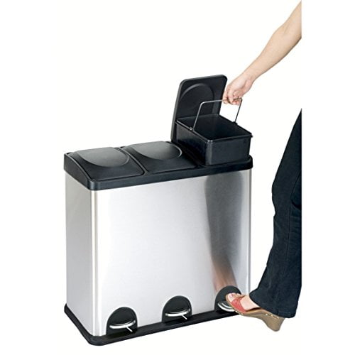 Open Box Step N' Sort Kitchen Trash Can, 16 Gallon Stainless Steel 3 Compartment Recycle Step Lid Garbage Bin, Silver