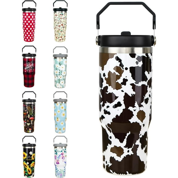 30oz Cow Tumbler with Handle and Straw, Stainless Steel Vacuum Insulated Flip Straw 30 oz Coffee Tumbler, Spill Proof Travel Mug, Cow Decor Gifts for Women