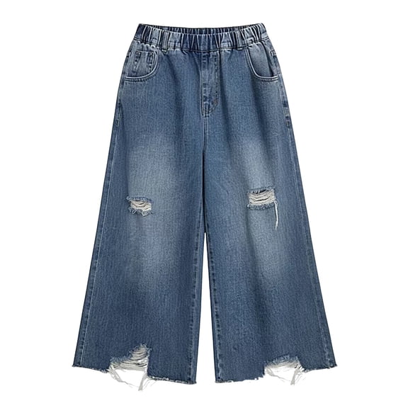 YunPes Girls Y2K Ripped Jeans Teen Straight Wide Leg Denim Pants Summer Baggy Casual Plus Size Trousers with Elastic Waist