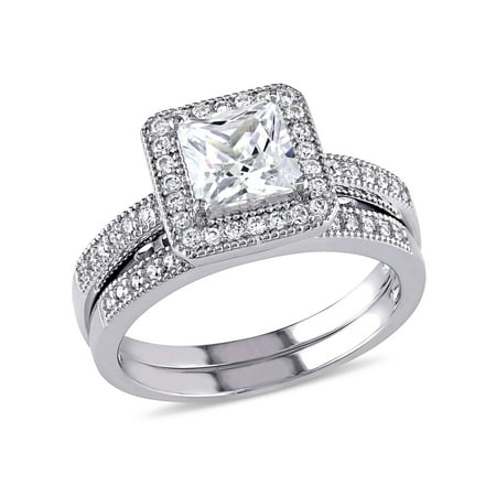 2-1/3 Carat T.G.W. Princess and Round-Cut Cubic Zirconia Sterling Silver Halo Bridal