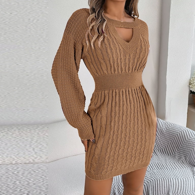 sexy winter sweater dresses Autumn/Winter Solid Color Round Neck Long Sleeve Sexy Sweater Dress