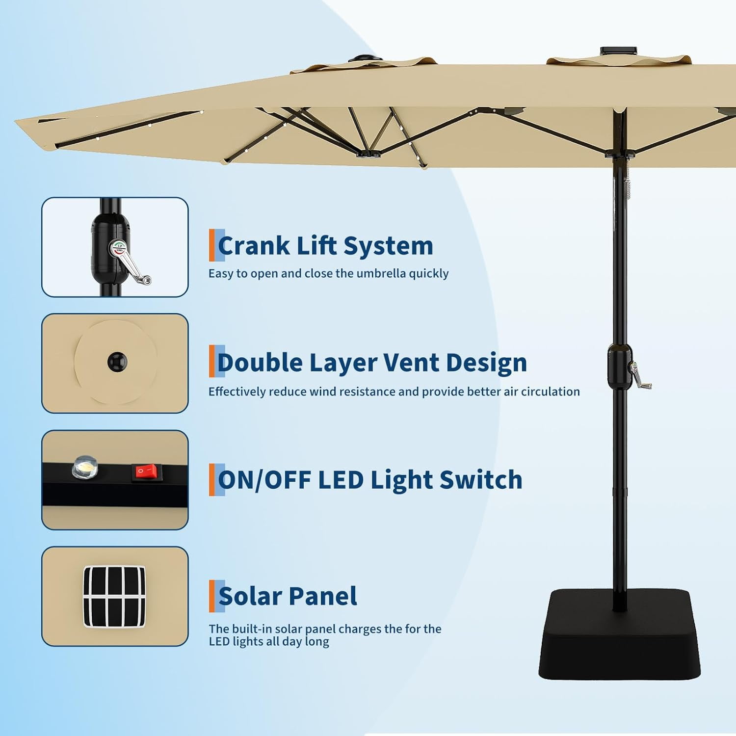 ChaoLink 15ft Large Patio Umbrella with Base & Solar Lights-Rectangular Patio Umbrella with Crank Handle, UV Protection for Outdoor Market