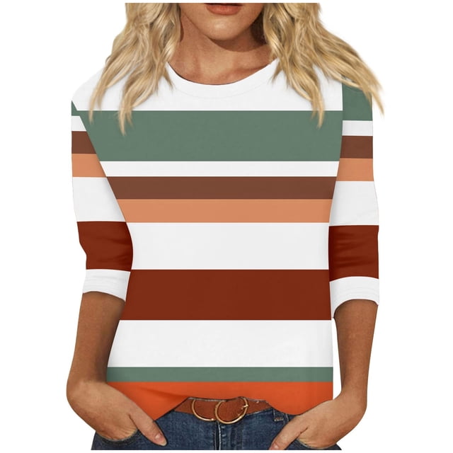 cfhntfmh Hauts pour Femmes 2024 Automne Tendance à Blocs de Couleur Blouses à Col Rond Décontractées Manches 3/4 Tuniques Amples