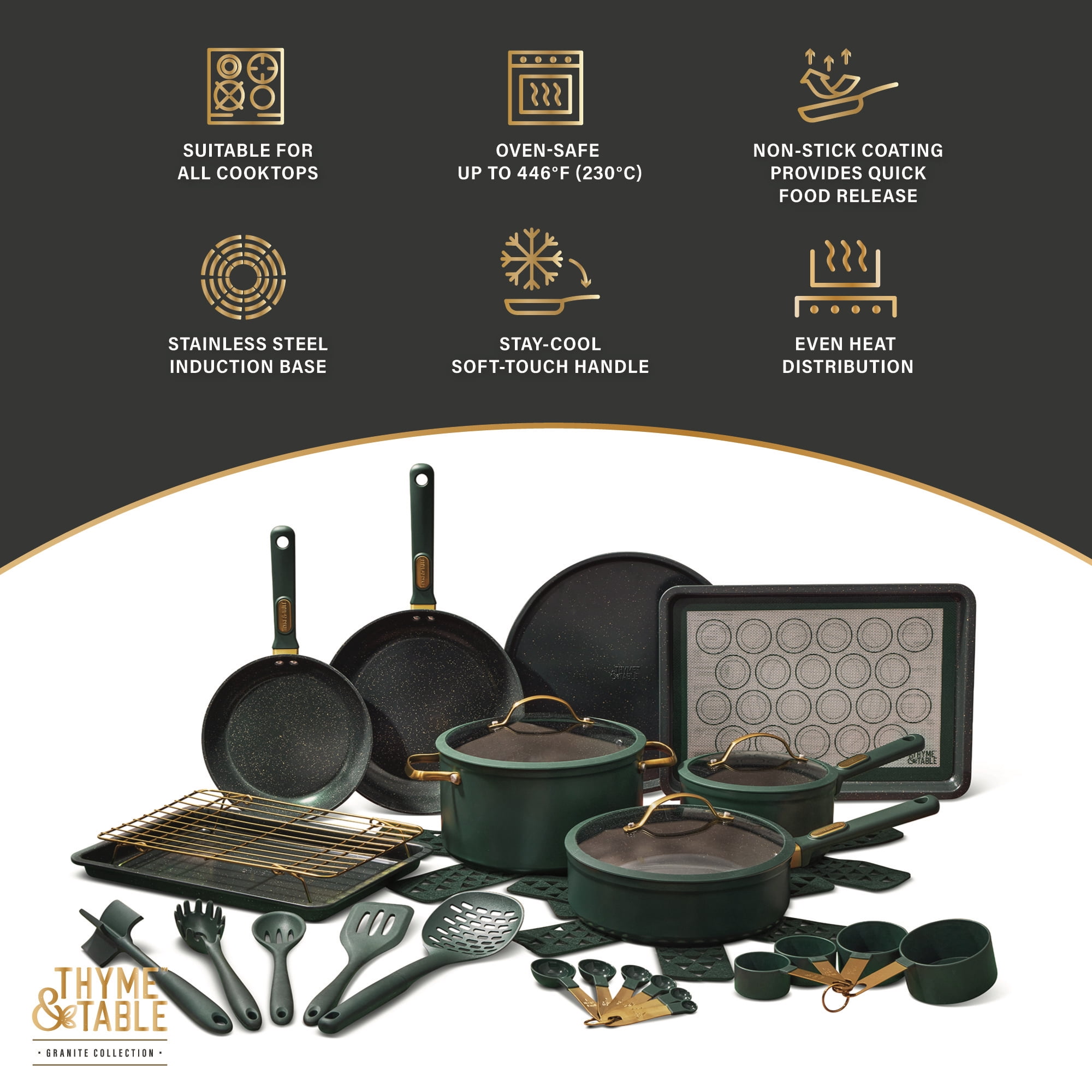 Thyme & Table 32-Piece Aluminum Cookware Set - Green