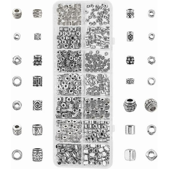 405pcs Tibetan Antique Silver Spacer Beads - 14 Style Round Metal Column Barrel Jewelry Alloy Loose Beads for Bracelets Necklace Earrings Making