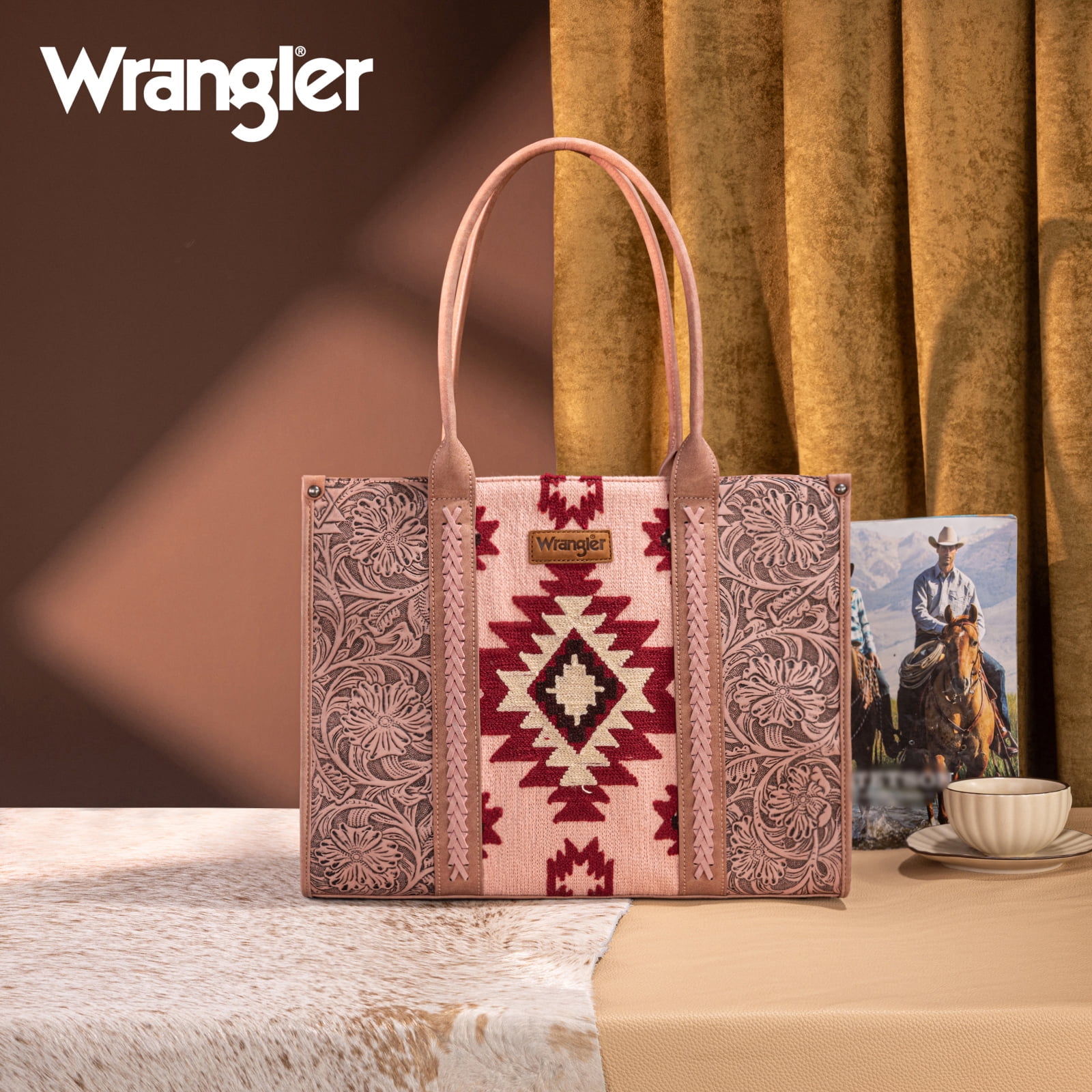 Wrangler Aztec Tote Bag for Women Western Shoulder Purse Top Handle Handbag Stylish and Functional Aztec Design， Dark Pink