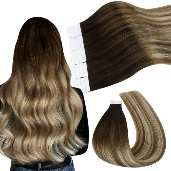 Ugeat Balayage Tape in Hair Extensions Human Hair Dark Brown with Bleach Blond Tape in Human Hair Extensions 20 Inch Skin Weft Human Hair Extensions 20 Pieces 50 Grams