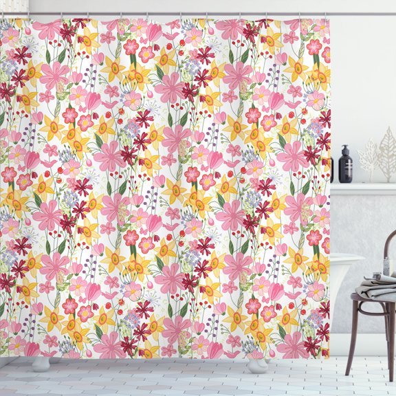 Ambesonne Girl Shower Curtain, Cartoon Tulips Daffodils, 69"Wx84"L, Multicolor
