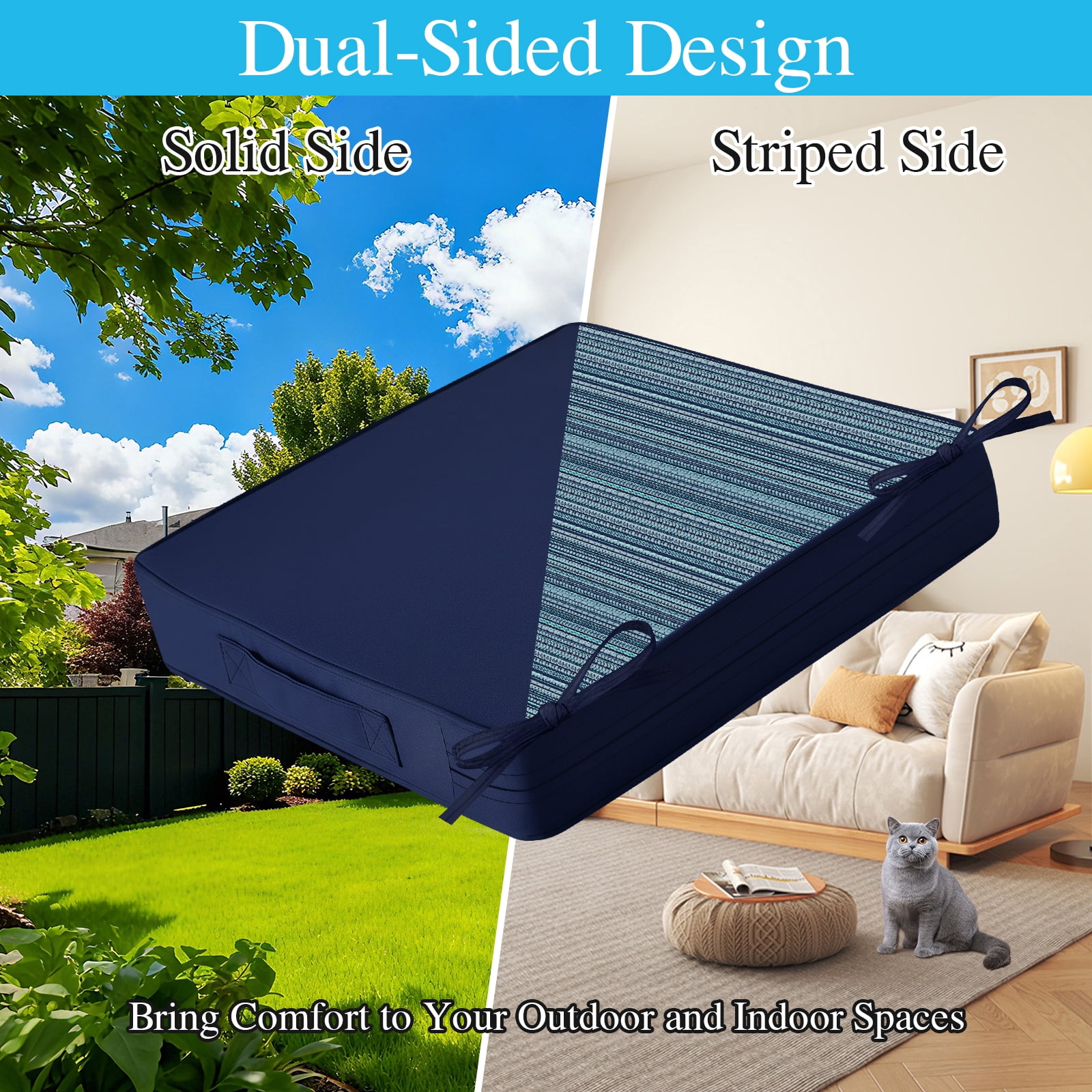 Jane Stone 2pcs Outdoor Seat Cushions with handle and Ties, 19" x 19" x 3" Water-resistant Outdoor Seat Pads Extra Thick Patio Chair Cushions for Patio Furniture - Navy Blue